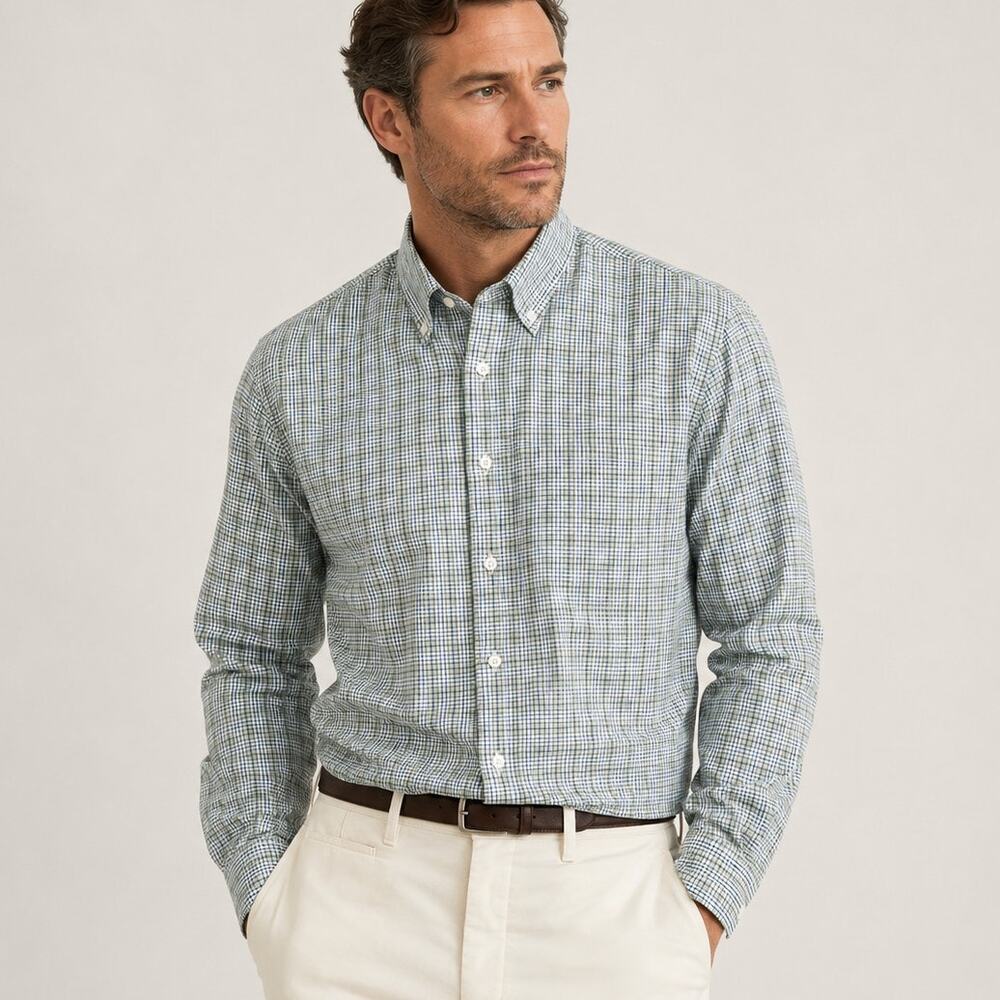Loro Piana Men's Button Down Shirt Glen Plaid Green Blue Cotton sz XL